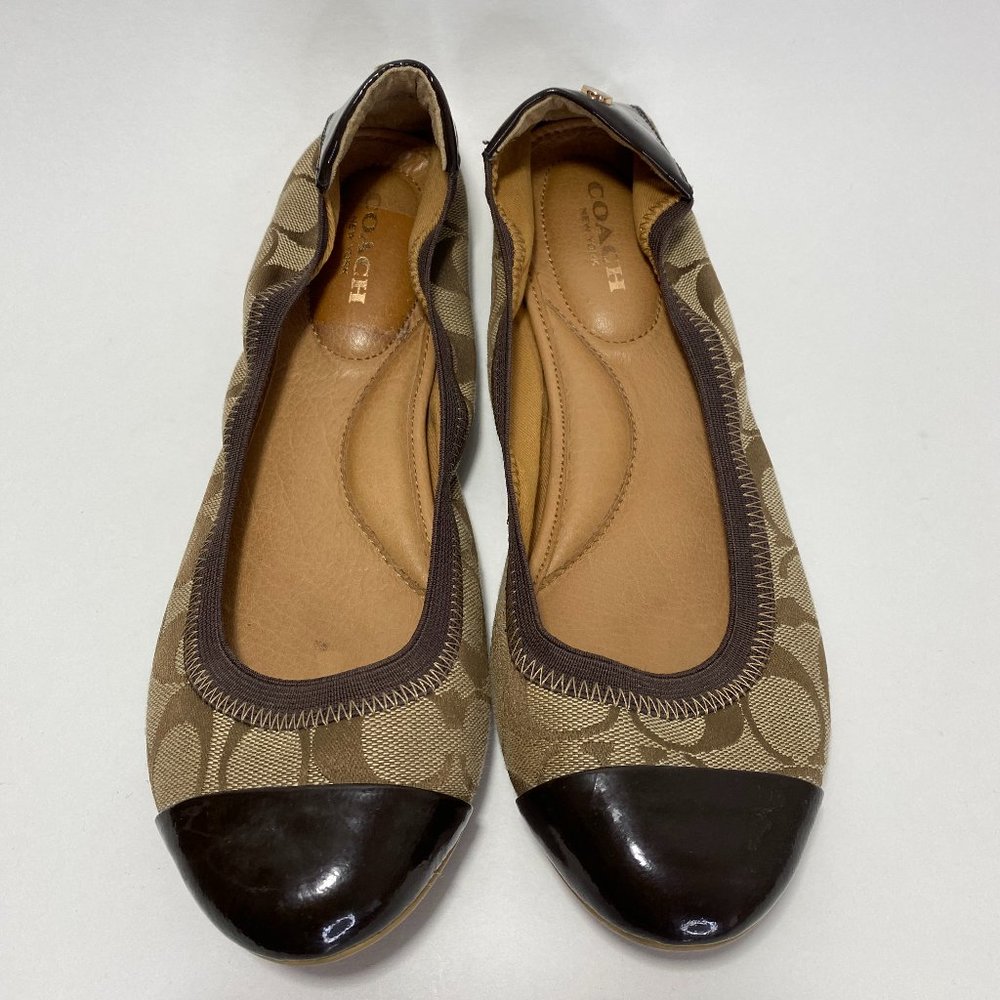 Coach Wanda Signature Logo Patent Flats Brown Tan Size 8.5B